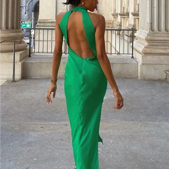Meshki Claire Green Satin Drape Back Maxi Dress with Split - Picture 8 of 11